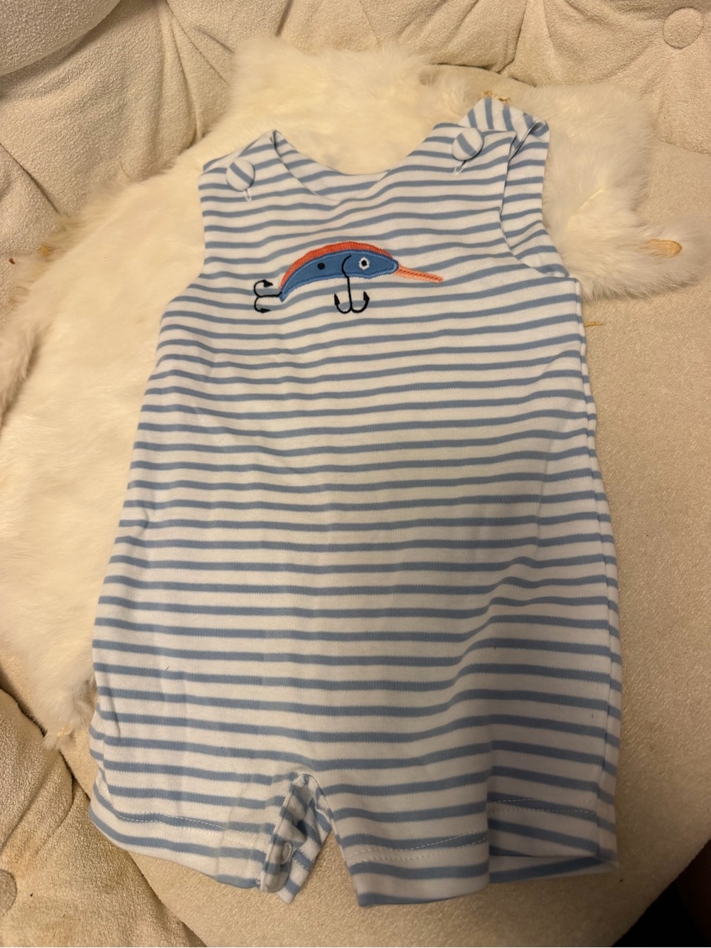 Blue and White Striped Baby One-Piece Footie with Fish Motif